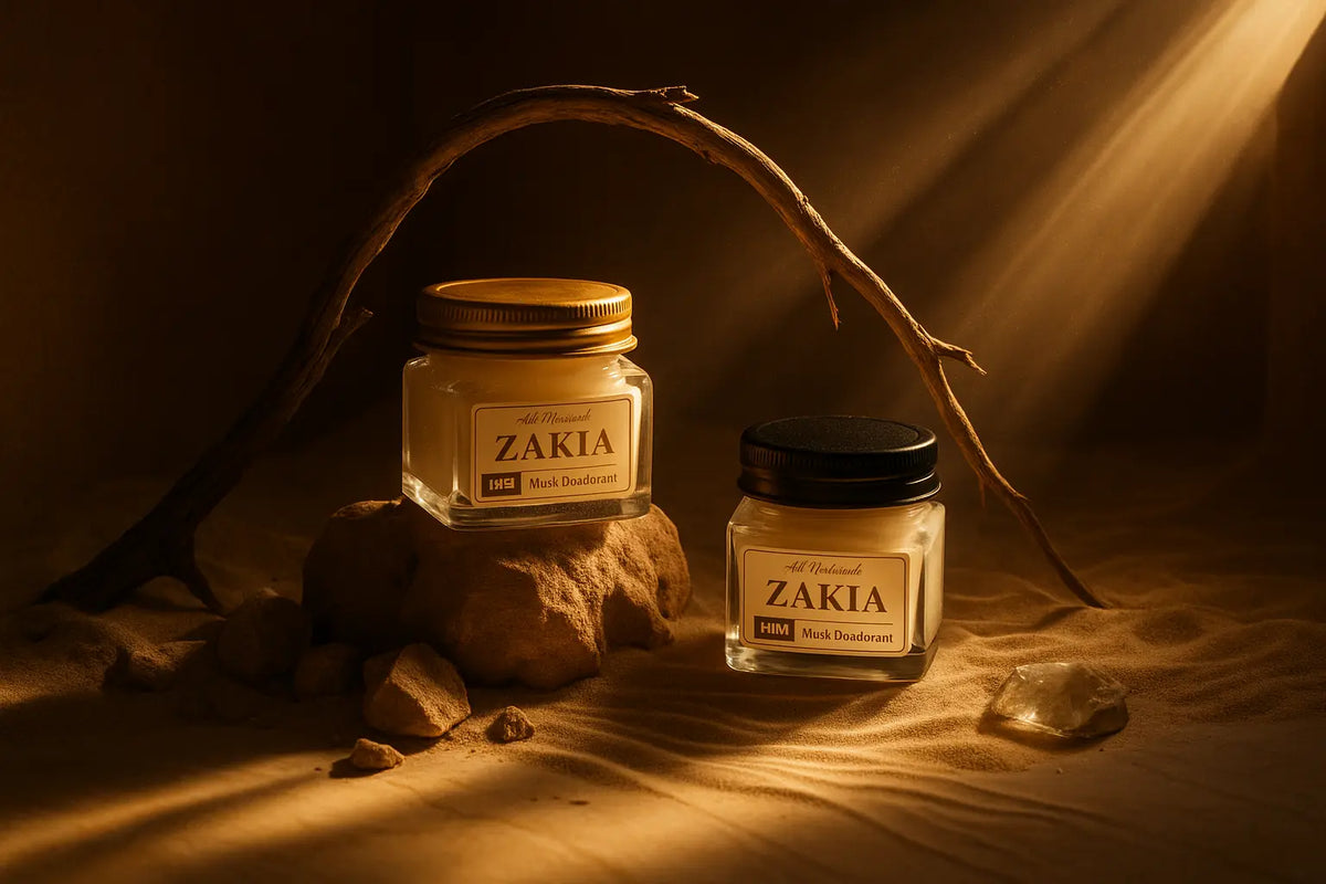 Zakia Natural HER Sandalwood Musk and HIM Oud Musk deodorant cream jars in warm light