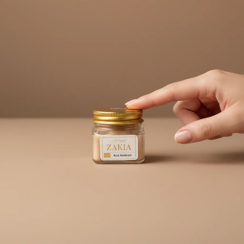 Hand reaching for Zakia Natural HER Sandalwood Musk deodorant cream jar