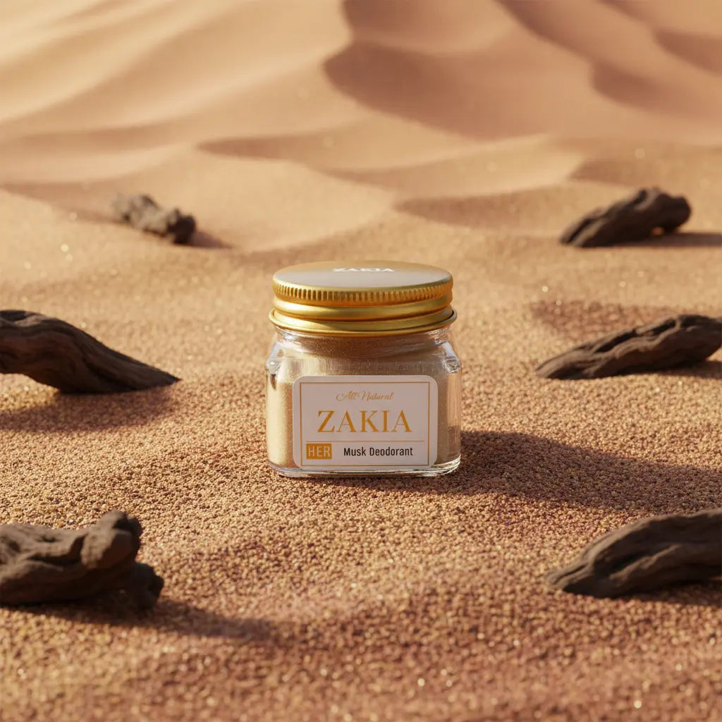 Zakia Natural HER Sandalwood Musk deodorant cream jar on desert sand with wood pieces