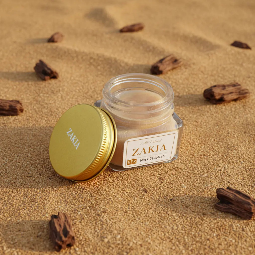 Open Zakia Natural HER Sandalwood Musk deodorant cream jar showing cream texture on sand
