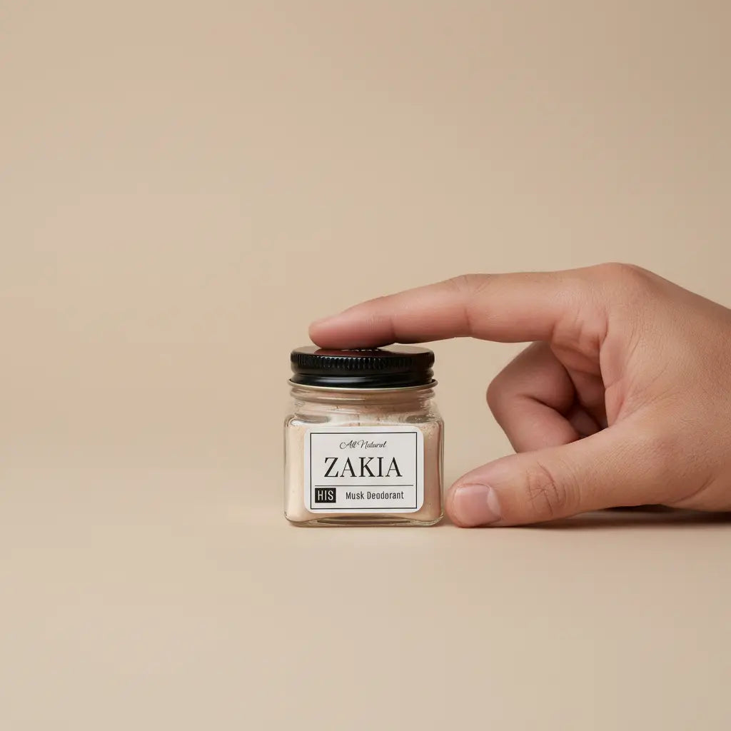 Hand reaching for Zakia Natural HIM Oud Musk deodorant cream jar