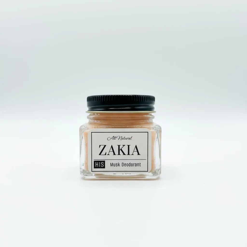 Zakia Natural HIM Oud Musk deodorant cream in glass jar with black lid