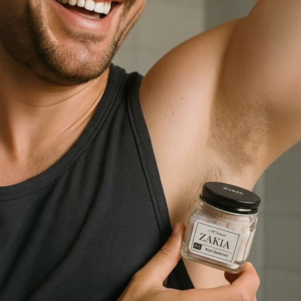 Man holding Zakia Natural HIM Oud Musk deodorant cream jar near underarm