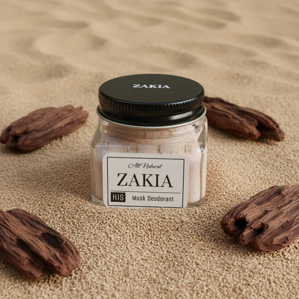 Zakia Natural HIM Oud Musk deodorant cream jar on sand with oud wood pieces
