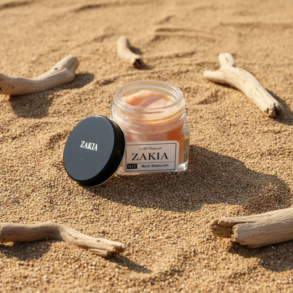 Open Zakia Natural HIM Oud Musk deodorant cream jar showing cream texture on sand